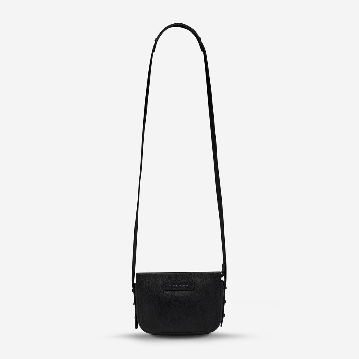 status anxiety black leather crossbody bag in her command front hanging hunterminx