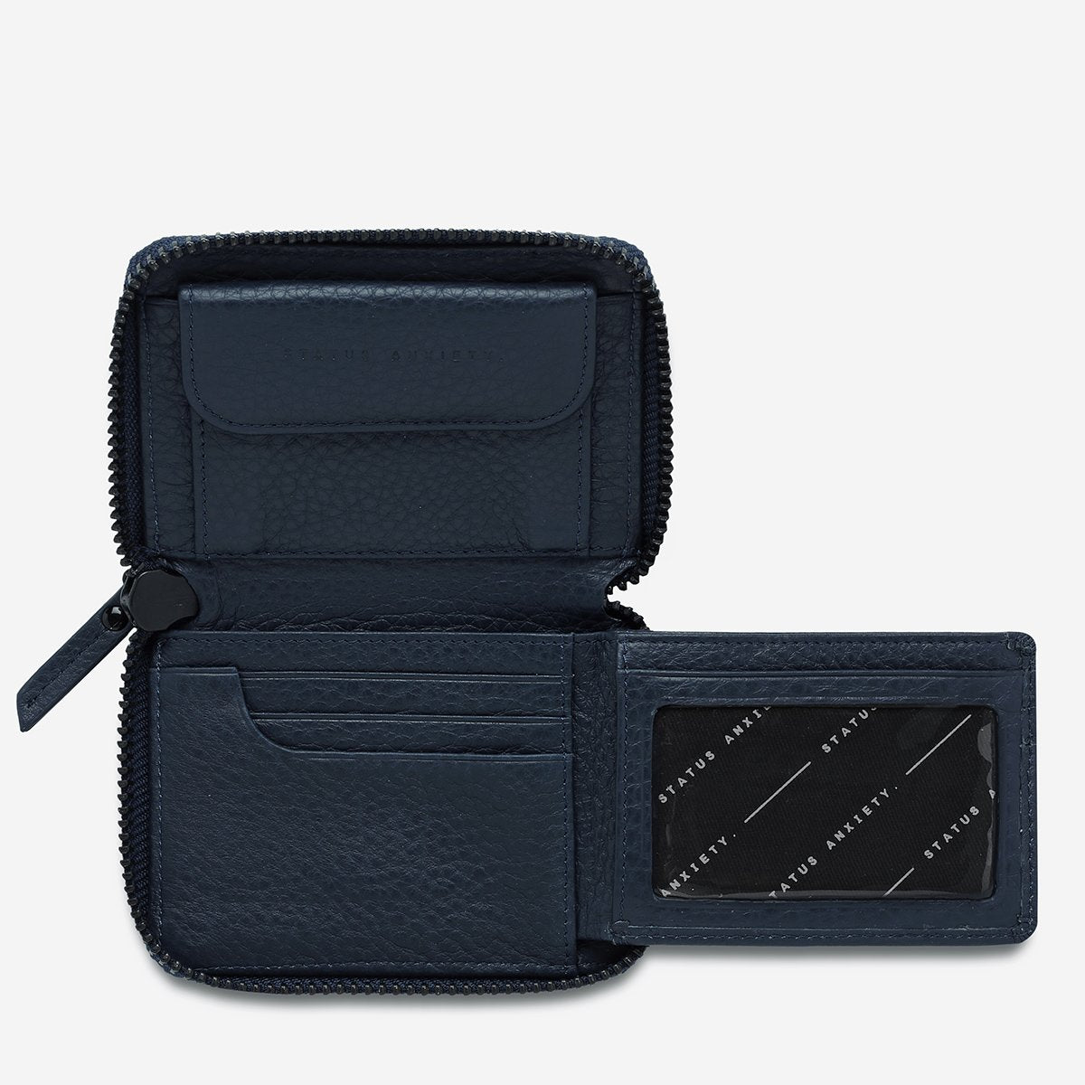 status anxiety wallet navy blue wayward flat open 