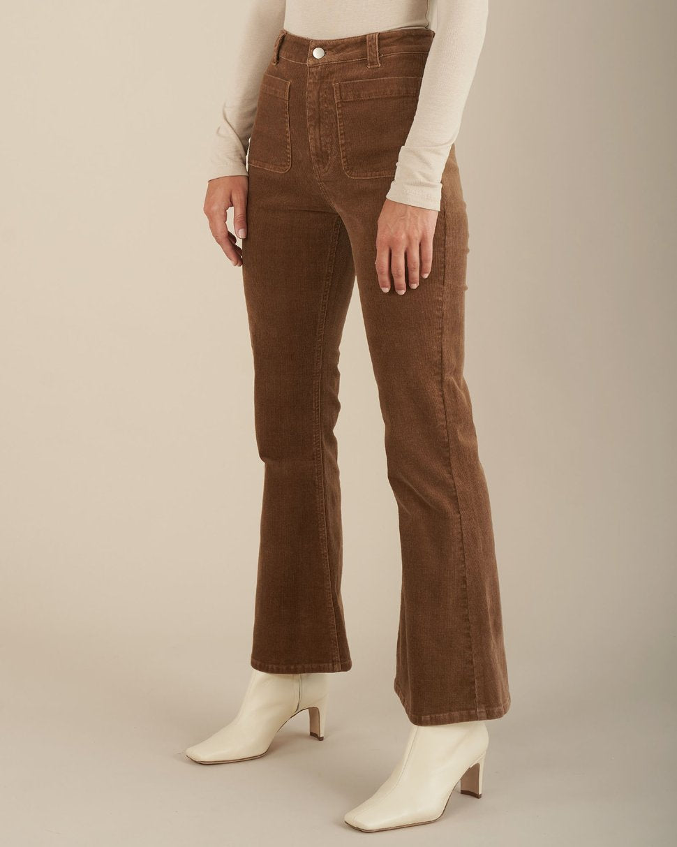 amelius corduroy brown flare womens pants side double front pockets